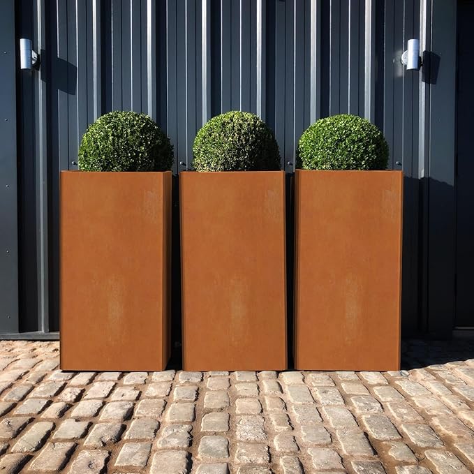 Modern Cor Ten Steel Planter – 28” Tall Planters with Removable Insert Shelf | Heavy-Duty Rust-Resistant Metal Planter Box for Patio, Porch & Garden (14x14x28in)-Ruum Studio Home