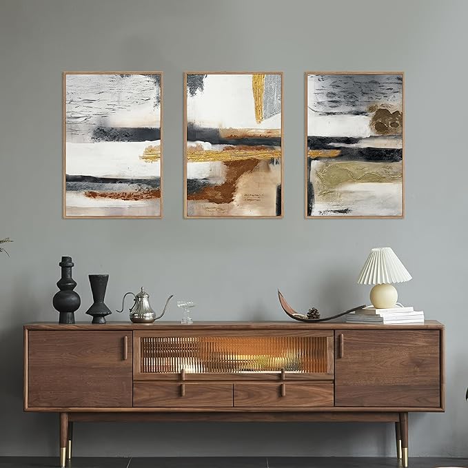 Modern Abstract Framed Canvas Wall Art Set, Neutral Textured Wall Decor, Boho Minimalist Gold and Gray Wall Painting for Living Room, Bedroom, Dining Room, Office - 16" x24" x3-Ruum Studio Home