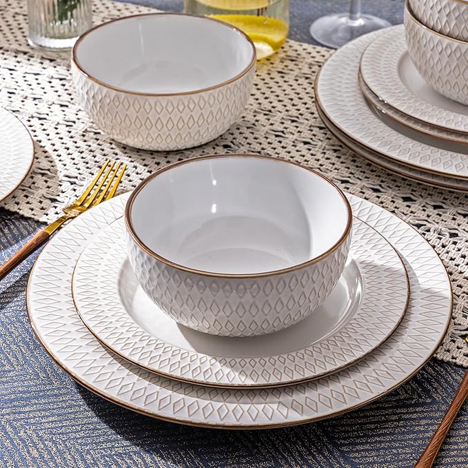GBHOME Ceramic Dinnerware Sets,18 pcs Embossed Elegant Stoneware Plates and Bowls Sets, Housewarming Wedding Gift | Dishwasher & Microwave Safe | Dishes Set Service for 6-Ruum Studio Home