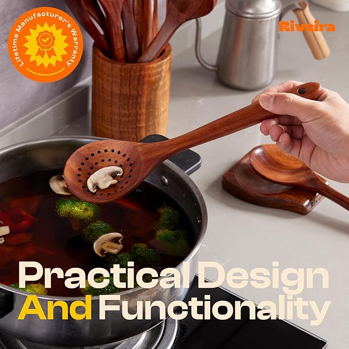 Riveira Dark Teak Kitchen Utensils Set - 12-Piece Non-Toxic Cooking Utensils Set - Wooden Spoons for Cooking - Spatula for Cooking - Teak Wooden Utensils-Ruum Studio Home
