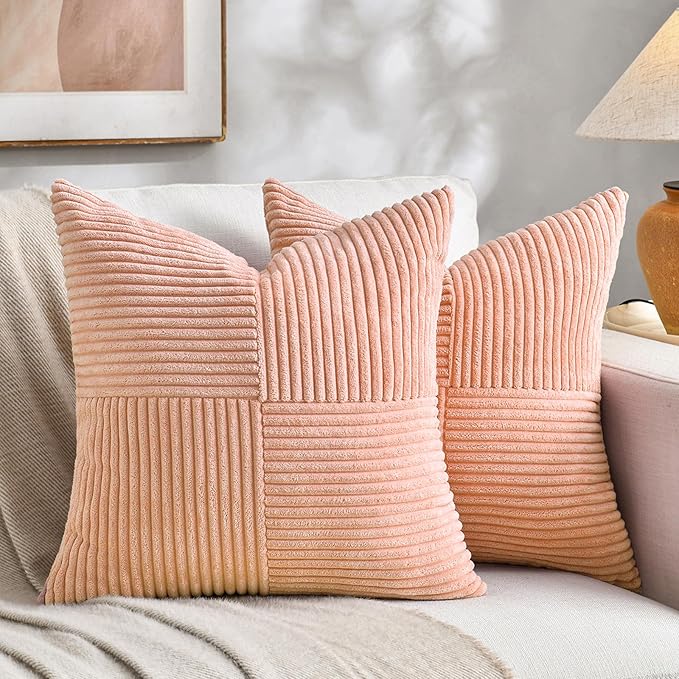 Fancy Homi 2 Packs Peach Decorative Throw Pillow Covers 18x18 Inch for Living Room Couch Bed Sofa, Rustic Boho Farmhouse Home Decor, Soft Corss Corduroy Patchwork Textured Square Cushion Case 45x45 cm-Ruum Studio Home