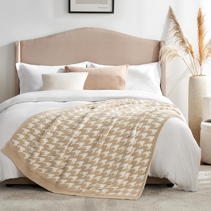 Snuggle Sac Throw Blanket for Couch, Reversible Super Soft Warm Blankets Cozy Knit Fuzzy Plush Lightweight Throws for Sofa, Bed, Camping,Houndstooth Beige,50x60 inches-Ruum Studio Home