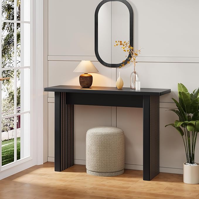 AVZEAR Mid Century Narrow Entryway Console Table, 43.3" Fluted Wood Couch Table Behind Sofa Long and Skinny for Living Room Hallway Entrance Foyer, Black-Ruum Studio Home
