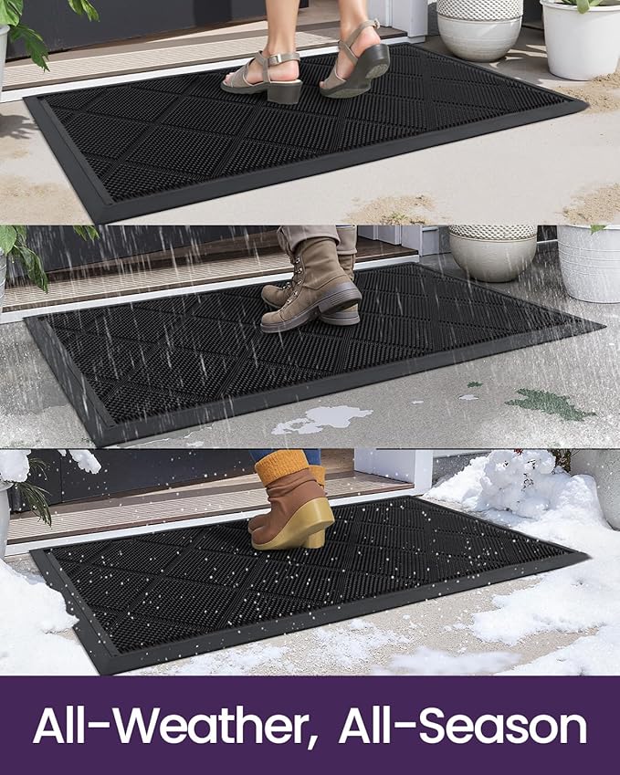 DEXI Front Door Mats Outside Entrance, 17x36 Rubber Waterproof Dirt Trapping Entry Mat for Entryway, Heavy Duty Non-Slip Low-Profile Welcome Doormat All Weather for Patio, Black-Ruum Studio Home