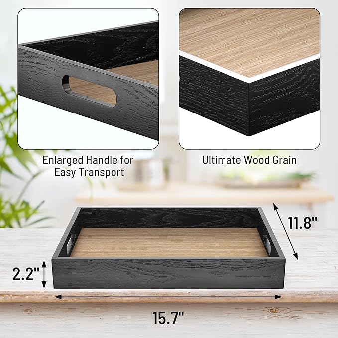 Wood Serving Tray with Handles, Home Decorative Wooden Rectangle Ottoman Decor Platter Vanity Tray for Breakfast Dinner Drinks Kitchen Dining Living Bathroom Restaurants Black Wooden-Ruum Studio Home