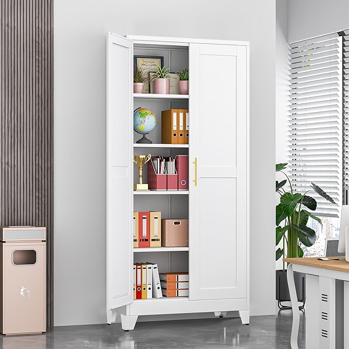 71" Tall Metal Storage Cabinet with 2 Doors and 4 Adjustable Shelves, Kitchen Pantry Cabinet White Freestanding Cupboard, 5 Tier Multifunctional Steel Storage for Office, Kitchen, Dining Room-Ruum Studio Home