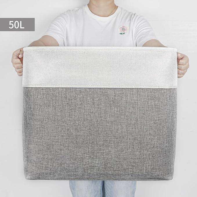 Large Fabric Storage Baskets | 50L Storage Bins, Decorative Linen Closet Baskets with Handles for Organizing, Shelf, Toys, Clothes, Home, Office, Nursery, 17x12x15Inches (Grey&White)-Ruum Studio Home