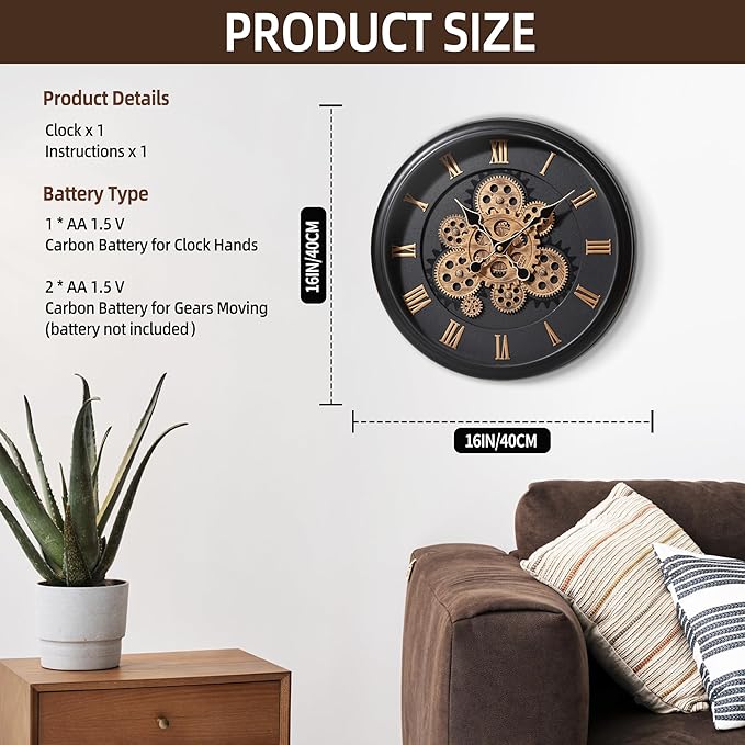 Maxstar Large Moving Gear Wall Clock,16" Vintage Mechanical Battery Operated Industrial Wall Clocks for Farmhouse Living Room,Home Office, Dinning Room, Kitchen, Steampunk Decor-Black,Roman Numeral-Ruum Studio Home