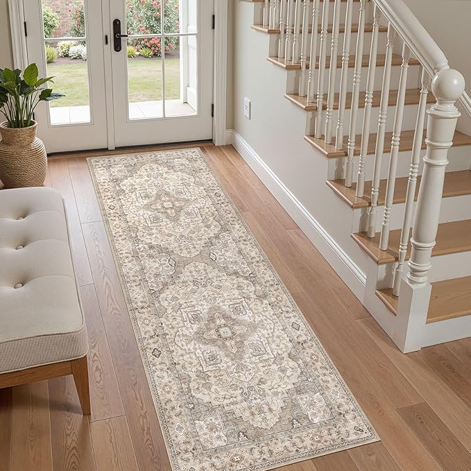 Washable 2x6 Runner Rug - Area Rugs Neutral Vintage Distressed Floral Farmhouse Boho Large Soft Floor Rug Indoor Carpet for Hallway Entryway Bedroom Kitchen - Brown/Multi-Ruum Studio Home
