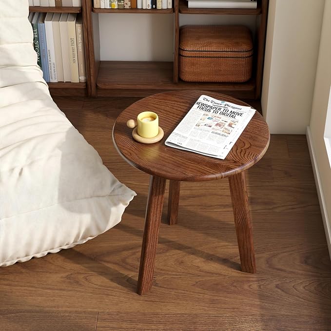 100% Solid Oak Round Side Table, Small Bedside Table for Small Spaces, Living Room End Table with Stable Frame, Modern Nightstand for Bedroom Couch, (Walnut, 17.71" D x 19.68" H)-Ruum Studio Home