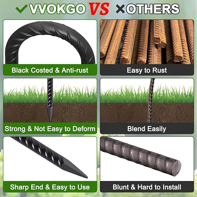 VVOKGO Rebar Stakes 16 Inches J Hook Heavy Duty Chain Link Fence Stakes, 16 Pcs Metal Long Tent Spikes Ground Anchors for Wire Fencing, Dogs Digging, Camping Tents, Swings, Greenhouse, Black-Ruum Studio Home