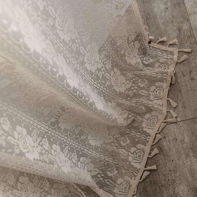 Sutuo Home Boho Sheer Curtains for Nursery Bedroom Kitchen,Bohemian Lace Curtains Crochet Florals Embroidery Handmade Knitted Tassels Vintage Chic Farmhouse Drape Rod Pocket 1 Panel 59" W x 72" L-Ruum Studio Home