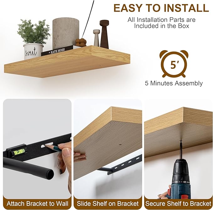 Fun Memories Floating Shelves 36 Inch Long, Deep Floating Shelf for Wall, 36 x 8 Floating Shelves Set of 2, 8 Inch Deep Wall Shelf for Living Room, Kitchen, Bedroom, Large Storage Shelves, Oak Color-Ruum Studio Home