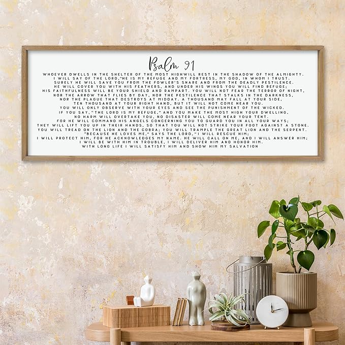 LuZhiQiang Psalm 91 Wall Decor Art 40"×15" Bible Verse Sign for Family Bedroom Christian Large Wood Framed Wall Hanging (Wood)-Ruum Studio Home