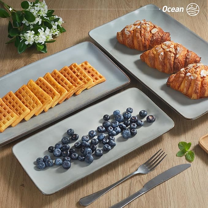 famiware Serving Platter, Rectangular 15.67/14.1/12.6inch Serving Dishes for Entertaining, Reactive Glaze, Stoneware Serving Trays for Party, Food, Turkey, Snack, Cheese, Ocean Series, Grey-Ruum Studio Home