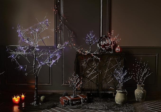 LITBLOOM Lighted Spooky Halloween Tree with Timer Battery Operated or USB Plug in, Pre-lit Black Glittered Tabletop Tree with Orange Lights 24L 18IN for Halloween Home Party Decoration Indoor-Ruum Studio Home