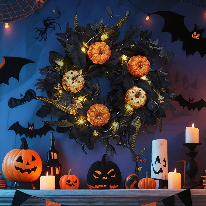 GarveeHome Halloween Wreath for Front Door, 18 Inch Fall Wreath with Pumpkins and Maple Leaves for Indoor Outdoor Wall Window Porch Patio Garden Farmhouse Home Party Prom Decoration-Ruum Studio Home