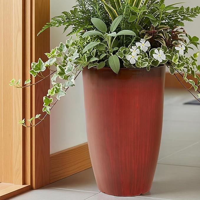 Worth Garden 20" H. Plastic Planters - Set of 2 Gradient Red Glossy Smooth Finish - Tall Plant Pots Drain Hole for Indoor Outdoor Use - Decorative Lightweight Flower Pots for Front Porch, Patio, Deck-Ruum Studio Home
