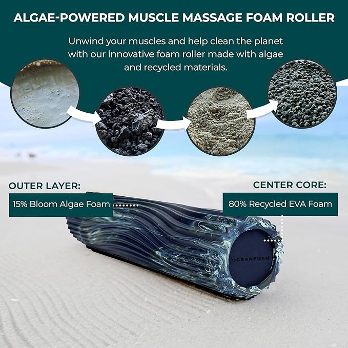 Oceanfoam Tidal Roller - Dark Navy, Hunter & Seafoam Marbled - Muscle Massage Foam Roller for Back Pain & Stretching - Firm & Ergonomic Wide Wave Textured - Yoga & Athletics - Full Size, 20" x 5"-Ruum Studio Home