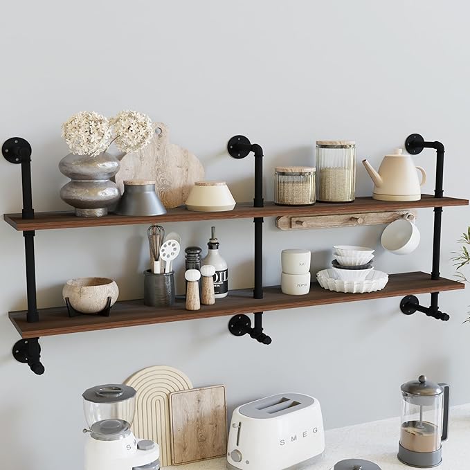 Industrial Pipe Wall Shelves Pipe Shelving with Real Wood Plank,70 Inches Floating Shelves for Wall Farmhouse Pipe Book Shelves Dark Brown 2 Tier for Kitchen,Living Room Decor and Bar Shelving-Ruum Studio Home