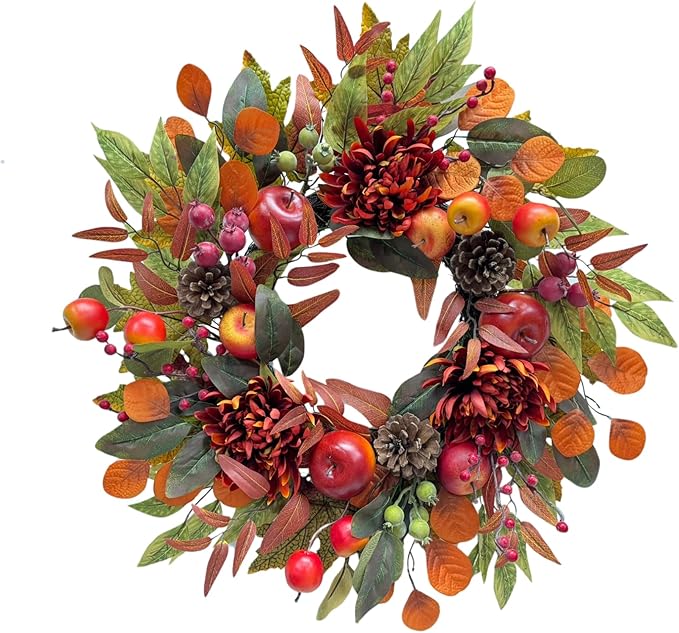 22 Inch Fall Chrysanthemum Wreath Harvest Floral Wreath with Apples Pinecones Berries and Eucalyptus Maple Leaves for Fall Thanksgiving Halloween Mantel Table Outdoor Front Door Wall Window-Ruum Studio Home