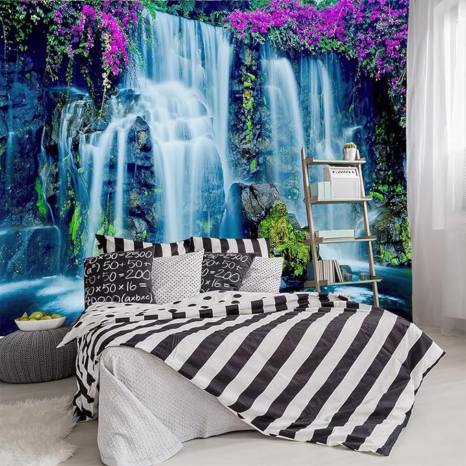 FENDROM Waterfall Tapestry Purple Forest Wild Flowers Floral Mountain Jungle Plants Nature Landscape Wall Hanging Bedroom Living Room Hanging Decorative Blanket-Ruum Studio Home