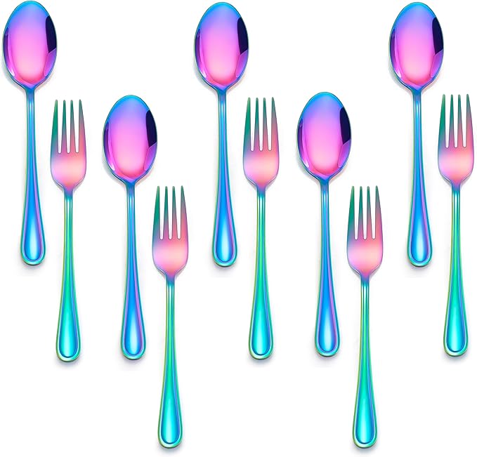 E-far 10-Piece Rainbow Toddler Utensils, Kid Stainless Steel Silverware Set, Children Safe Forks and Spoons Set for Self Feeding, Healthy & Non-Toxic, Mirror Polished & Easy to Clean-Ruum Studio Home