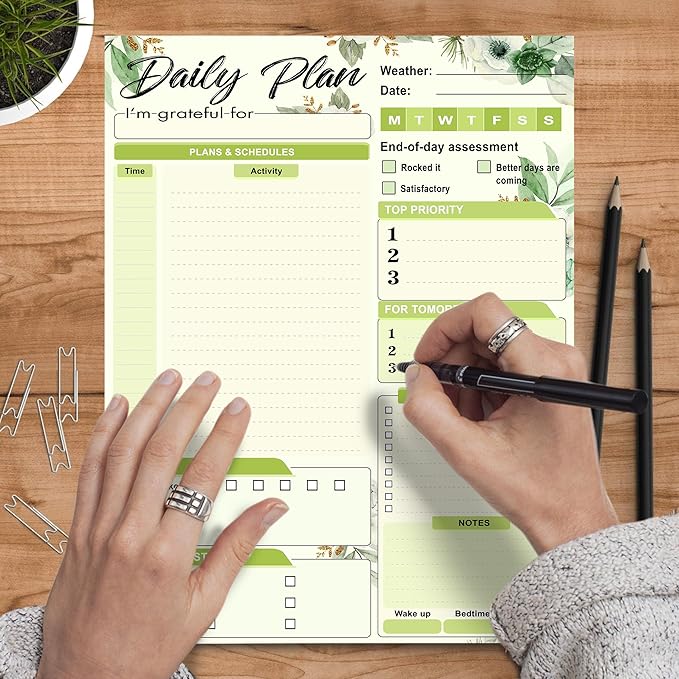 Daily Plan Notepad, 52 Sheets 8.5" X 11.5" Daily for To-Do Lists, Habit Tracking, Academic Scheduling, and Productivity Goals - Perfect for Work, Home, and Office Organization| Tropical Green Floral-Ruum Studio Home