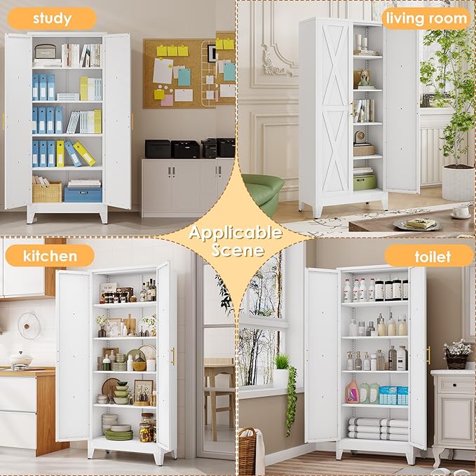 71" H Metal Kitchen Pantry Storage Cabinet, Freestanding Cupboard with 2 Doors and 4 Adjustable Shelves, Standing Storage for Kitchen, Bathroom, Garage, Dinning Room or Utility Room（White）-Ruum Studio Home