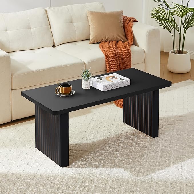 Rectangular Fluted Coffee Table, Farmhouse Wood Coffee Table Mid Century Modern Center Table Boho Living Room Tables for Living Room Office (Black, 19.69" D x 43.3" W x 17.72" H)-Ruum Studio Home