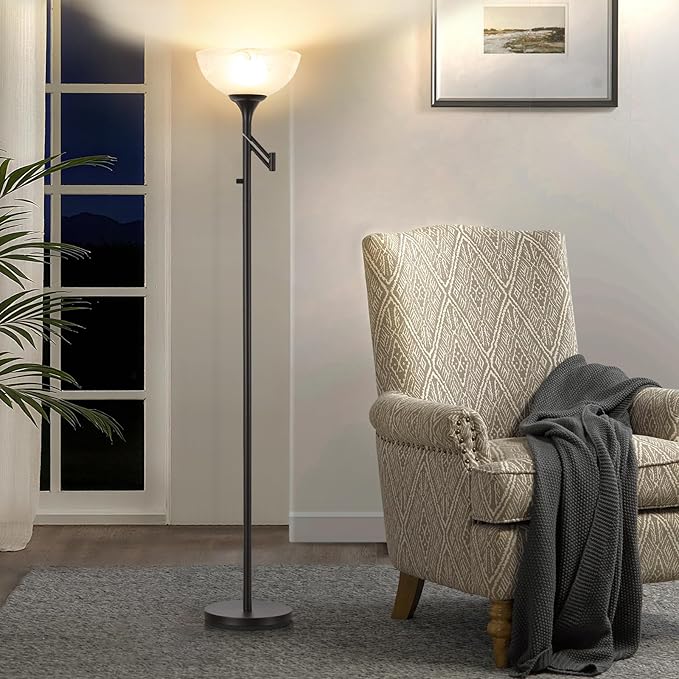 Floor Lamps for Living Room Black, 70" Tall Standing Lamp with Glass Shade, Torchiere Floor Lamp with 350°Adjustable Swing Arm Lamp, Pole lamp for Bedroom, Living Room, Office, Bulbs Included-Ruum Studio Home