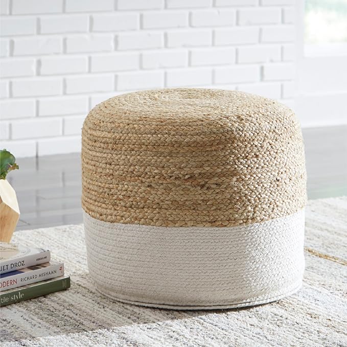 Signature Design by Ashley Sweed Valley Jute & Cotton Pouf, 19 x 19 Inches, Beige & White-Ruum Studio Home