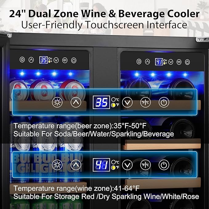 24 Inch Dual Zone Wine and Beverage Refrigerator, Built-in or Freestanding Cooler with French Doors, Drink Fridge with Upgraded Compressor for Beer, Wine, and Soda-Ruum Studio Home