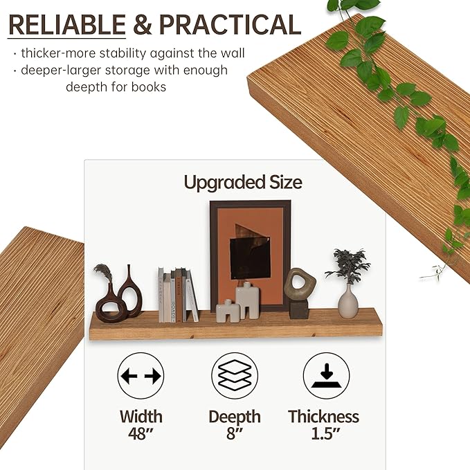Floating Shelves for Wall, USA-Sourced Fir Wood 48 Inch Wall Shelves Set of 1, Natural Rustic Solid Wooden Floating Shelves Wall Mounted, Nursery Book Storage Shelf, Display Shelf for Bathroom-Ruum Studio Home
