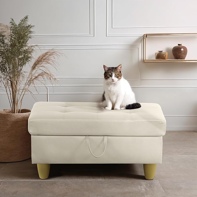 Ottoman Rectangular Storage Ottoman Bench, Faux Leather Footrest, Coffee Table, Stool Footstool with Hinged Lid for Living Room, Bedroom, Entryway, White, 35"x23.5"x17.5"-Ruum Studio Home