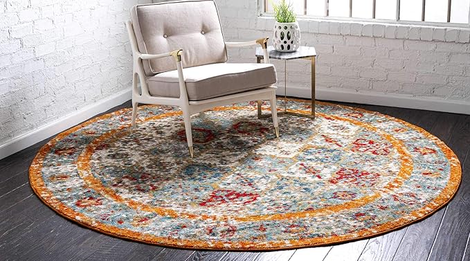 Unique Loom Rosso Collection Vintage, Traditional, Bohemian, Geometric, Distressed, Southwestern Area Rug, 8' 0" x 8' 0", Beige/Orange-Ruum Studio Home