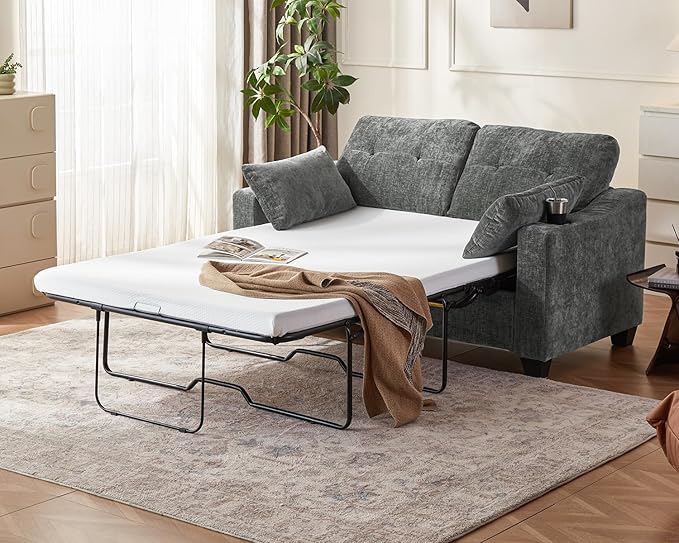 CHIC HOUSE Pull Out Sofa Bed, Full Size Sleeper Sofa, 2-in-1 Convertible Chenille Couch with USB Charging, Memory Form Couch for Living Room, Apartment & Small Space (Dark Grey, Chenille - Full)-Ruum Studio Home