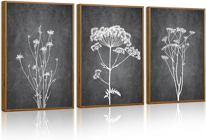 Tinonedraw Black and White Botanical Framed Canvas Wall Art Set, Vintage Floral Wall Decor, Dark Academia Minimalist Plant Art Paintings, Abstract Wildflower Art Print for Living Room Bedroom 16"x24"x3-Ruum Studio Home