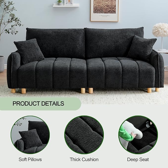 Convertible Sofa Bed, 90" Full Size Sleeper Sofa with Storage, Tufted Chenille 3 Seat Sofa Couches for Living Room, Small Spaces, Guest Room, Apartment, Black-Ruum Studio Home