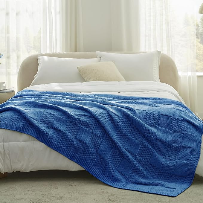 Amélie Home Chenille Knit Throw Blanket for Couch, Checkered Texture Decorative Soft Blanket for Sofa, Bed & Living Room, 50"x60", Blue-Ruum Studio Home