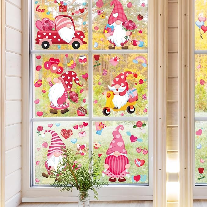 DC-BEAUTIFUL 107 PCS Valentines Window Clings, 9 Sheets Double-Sided Pink Love Heart Gnome Valentine Decoration Window Stickers, Reusable Static Holiday Window Decals for Home Wedding Party Decors-Ruum Studio Home