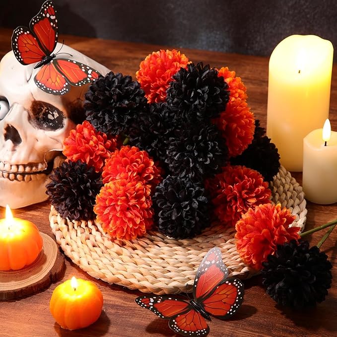 Kimura's Cabin 20Pcs Faux Mums Flowers Fake Chrysanthemum Artificial Silk Ball Flowers for Halloween Garden Home Kitchen Table DIY Decoration Center Fall Bouquets (Orange Black)-Ruum Studio Home