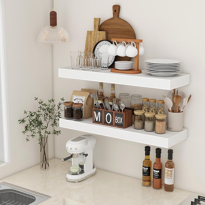 Deep Floating Shelves, 12'' Deep Rustic Large Floating Shelves Set of 2, White Shelves for Wall 36 Inches Long, Wood Shelves for Living Room Laundry Room Bedroom Kitchen Home Office - White-Ruum Studio Home