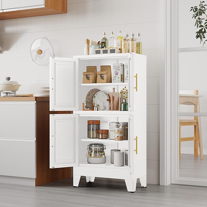 47.25" Metal Pantry Cabinet, Storage Cabinets with 4 Door and 2 Adjustable Shelves, White Bathroom Cabinet, Freestanding Cupboard for Kitchen Dining Living Room Bathroom-Ruum Studio Home