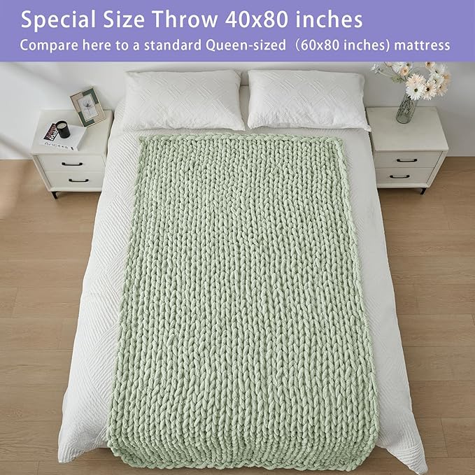 Bigacogo Chunky Knit Throw Blanket for Couch, 40x80 inches, 100% Hand Knitted with Thick Jumbo Chenille Yarn, Cozy Soft Large Rope Knot Cable Crochet Blankets for Sofa Bed Living Room, Sage Green-Ruum Studio Home