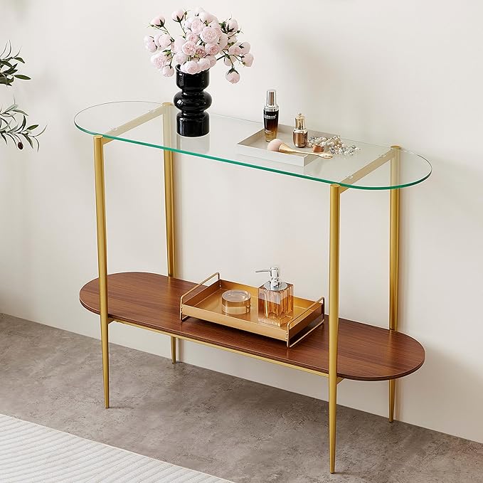 Oval Glass Console Table for Living Room, Foyer & Entrance, 2-Tiers Mid-Century Modern Sofa Table with Clear Glass Top, Walnut Finish Wood Shelf and Gold Finish Frame-Ruum Studio Home