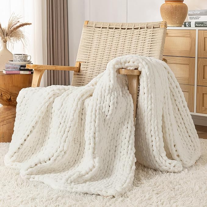 Chunky Knit Blanket Throw, 100% Hand Knit Throw Blanket Handmade Chenille Cable Knit Throw for Couch, Stylish Cozy Soft Rope Knot Crochet Blanket for Home Decor, Ivory, 60x80 Inches-Ruum Studio Home