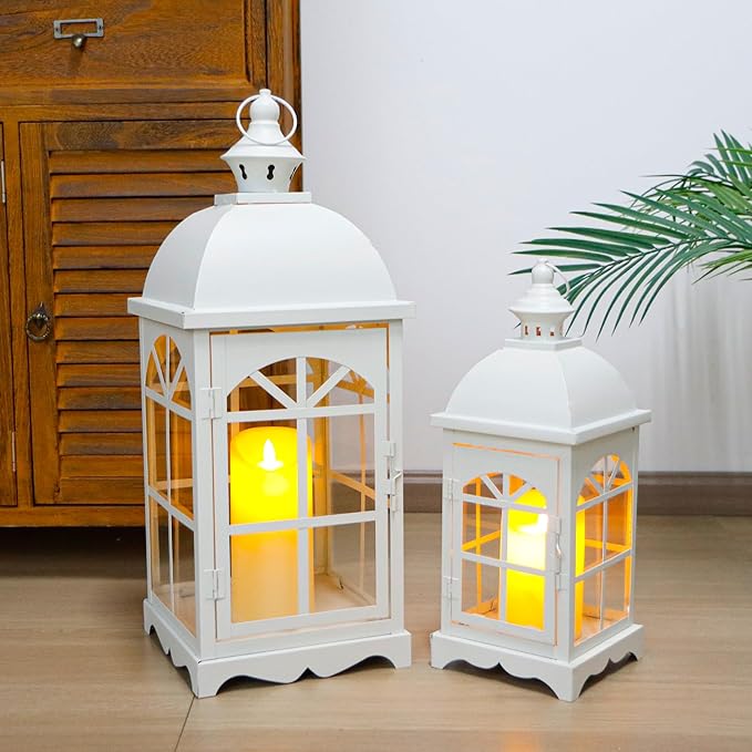 TRIROCKS Set of 2 Decorative Vintage Candle Lanterns 14.5"&20" H Farmhouse Outdoor Hanging Lanterns with Tempered Glass for Porch, Balcony, Patio, Home, Centerpieces, Indoor, Outdoor(White)-Ruum Studio Home