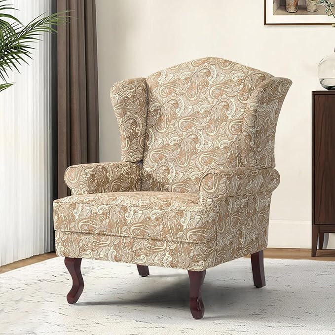 Accent Chair, High Back Upholstered Armchair with High Resilience Sponge & Wood Legs, Mid-Century Modern Comfy Single Sofa Reading Chairs for Living Room, Bedroom (Floral Sand, Set of 1)-Ruum Studio Home