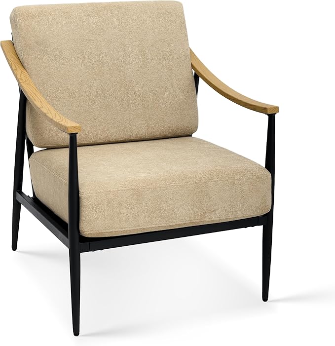 Modern Accent Chair for Living Room Bedroom Mid Century Arm Chair Upholstered Office Accent Chair Comfy Waiting Room Chair with Metal Frame, Khaki-Ruum Studio Home